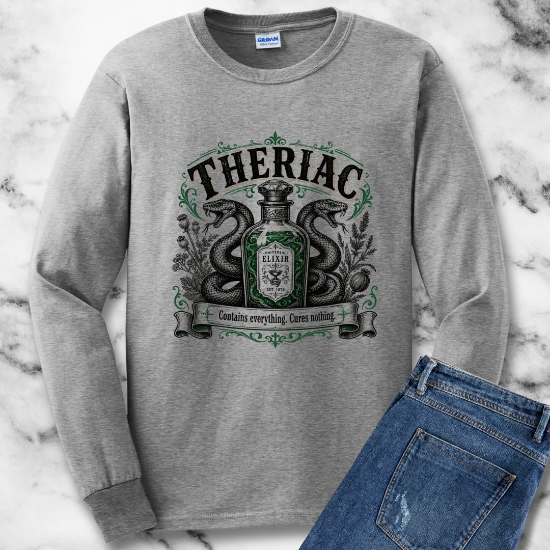 Theriac Contains Everything Cures Nothing Light Unisex Long Sleeve Tee