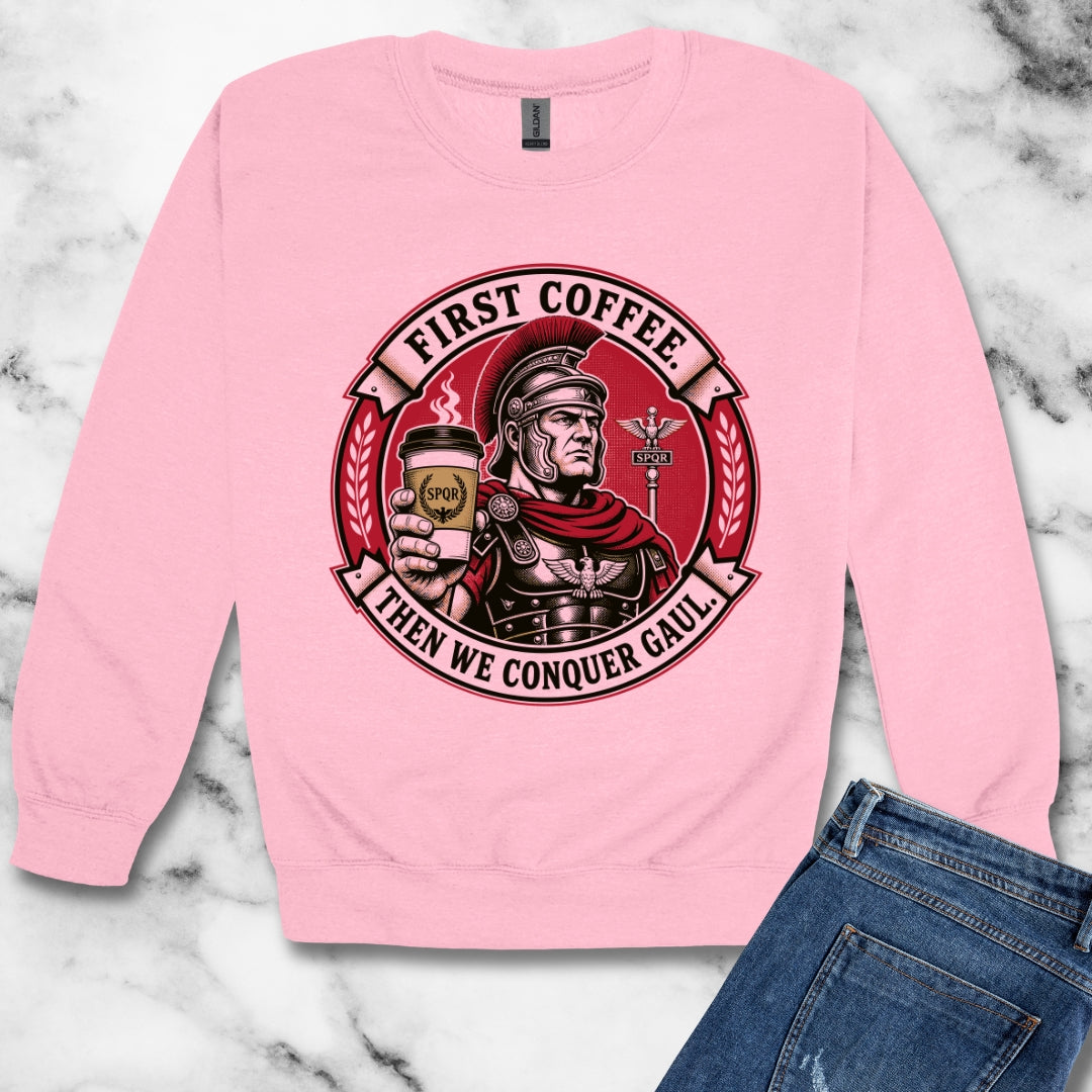 First Coffee Then Conquer Gaul Unisex Heavy Crewneck Sweatshirt