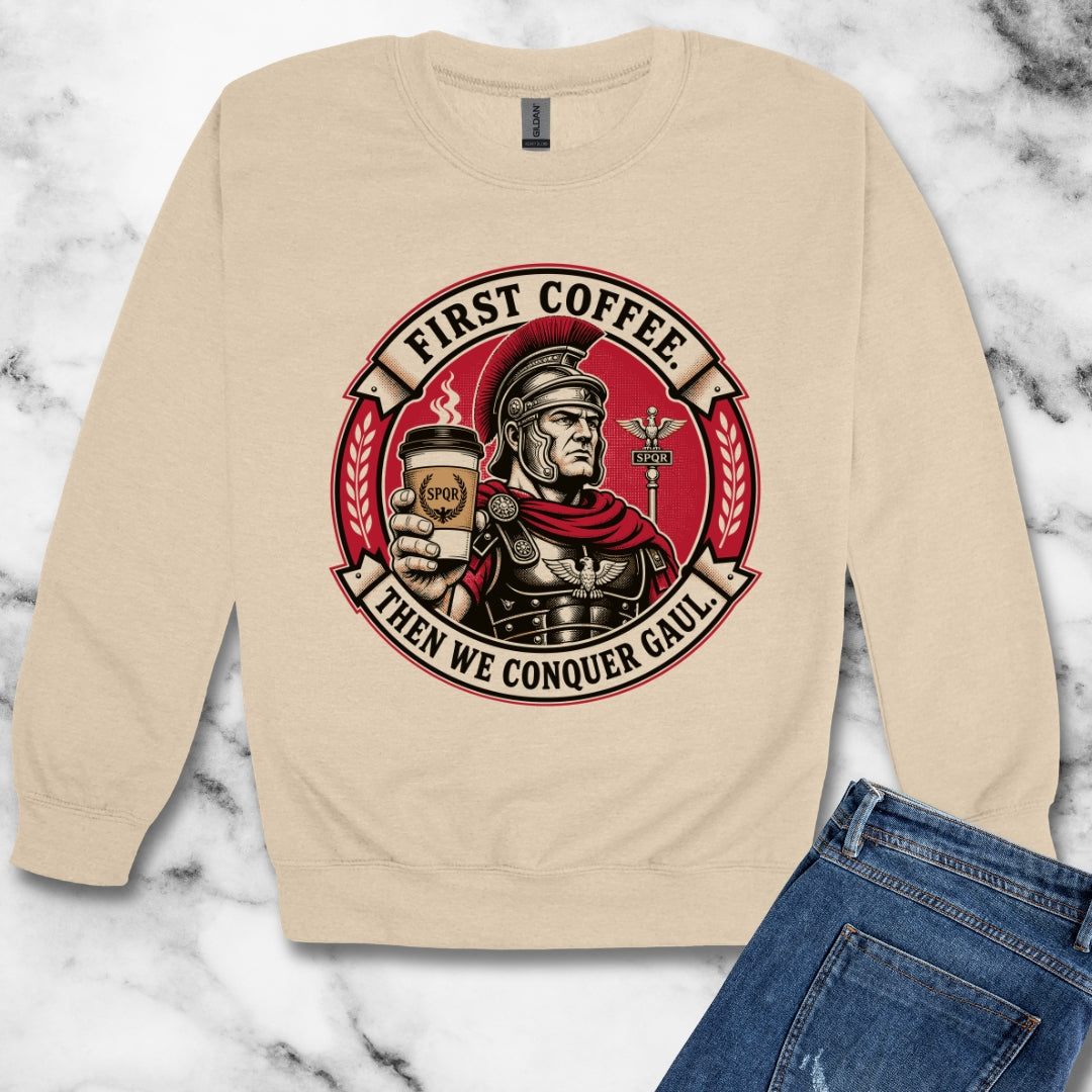 First Coffee Then Conquer Gaul Unisex Heavy Crewneck Sweatshirt