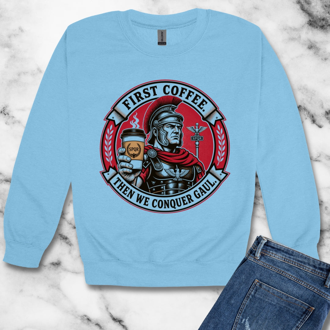 First Coffee Then Conquer Gaul Unisex Heavy Crewneck Sweatshirt
