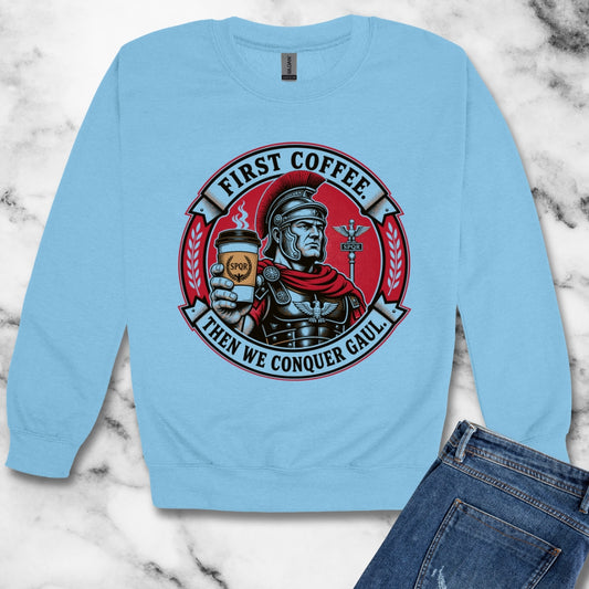 First Coffee Then Conquer Gaul Unisex Heavy Crewneck Sweatshirt
