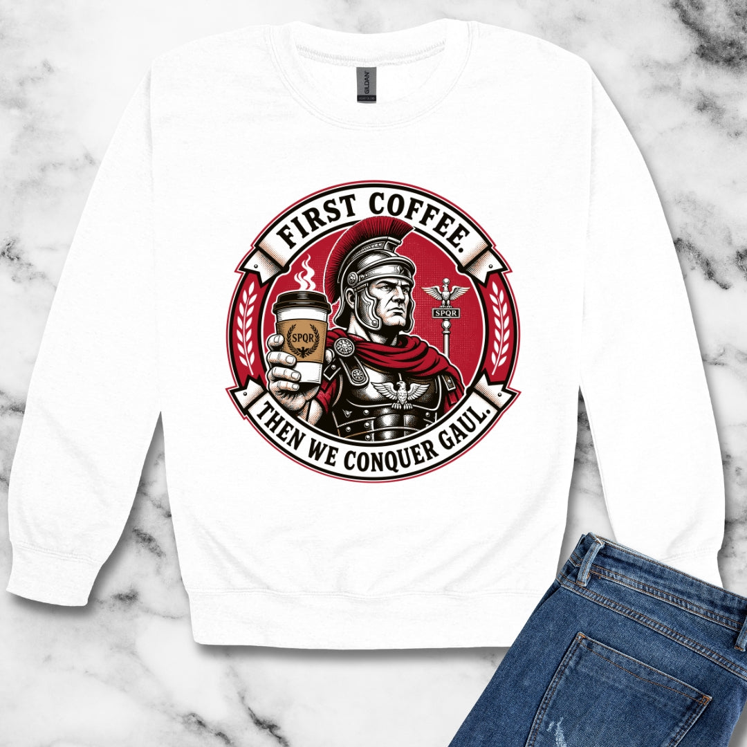 First Coffee Then Conquer Gaul Unisex Heavy Crewneck Sweatshirt
