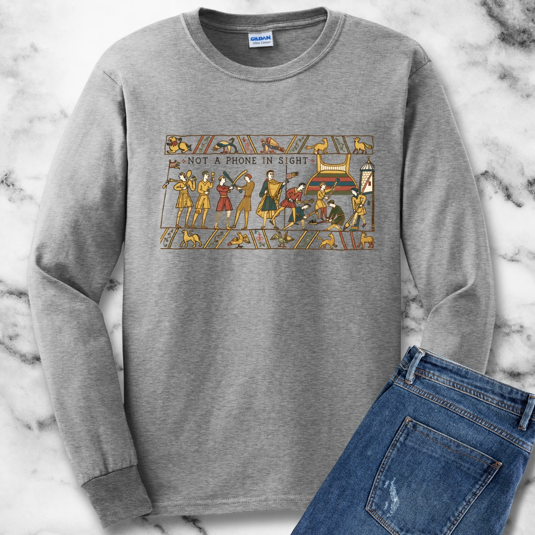 Bayeux Tapestry Not a Phone in Sight Unisex Long Sleeve Tee