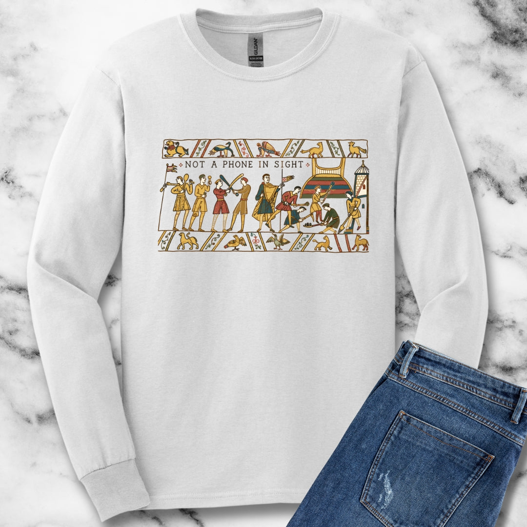 Bayeux Tapestry Not a Phone in Sight Unisex Long Sleeve Tee