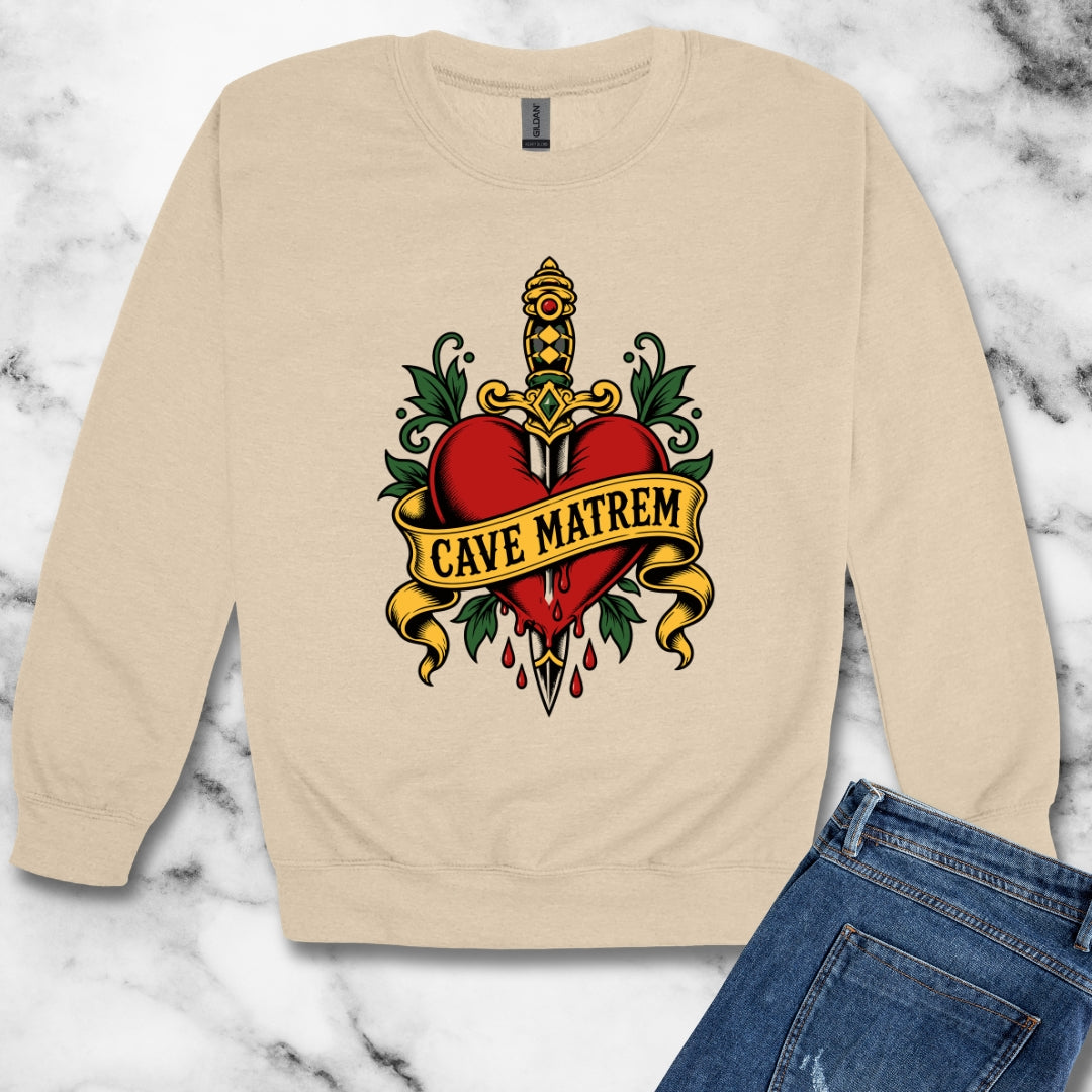 Cave Matrem Beware Mother Tattoo Style Unisex Heavy Crewneck Sweatshirt