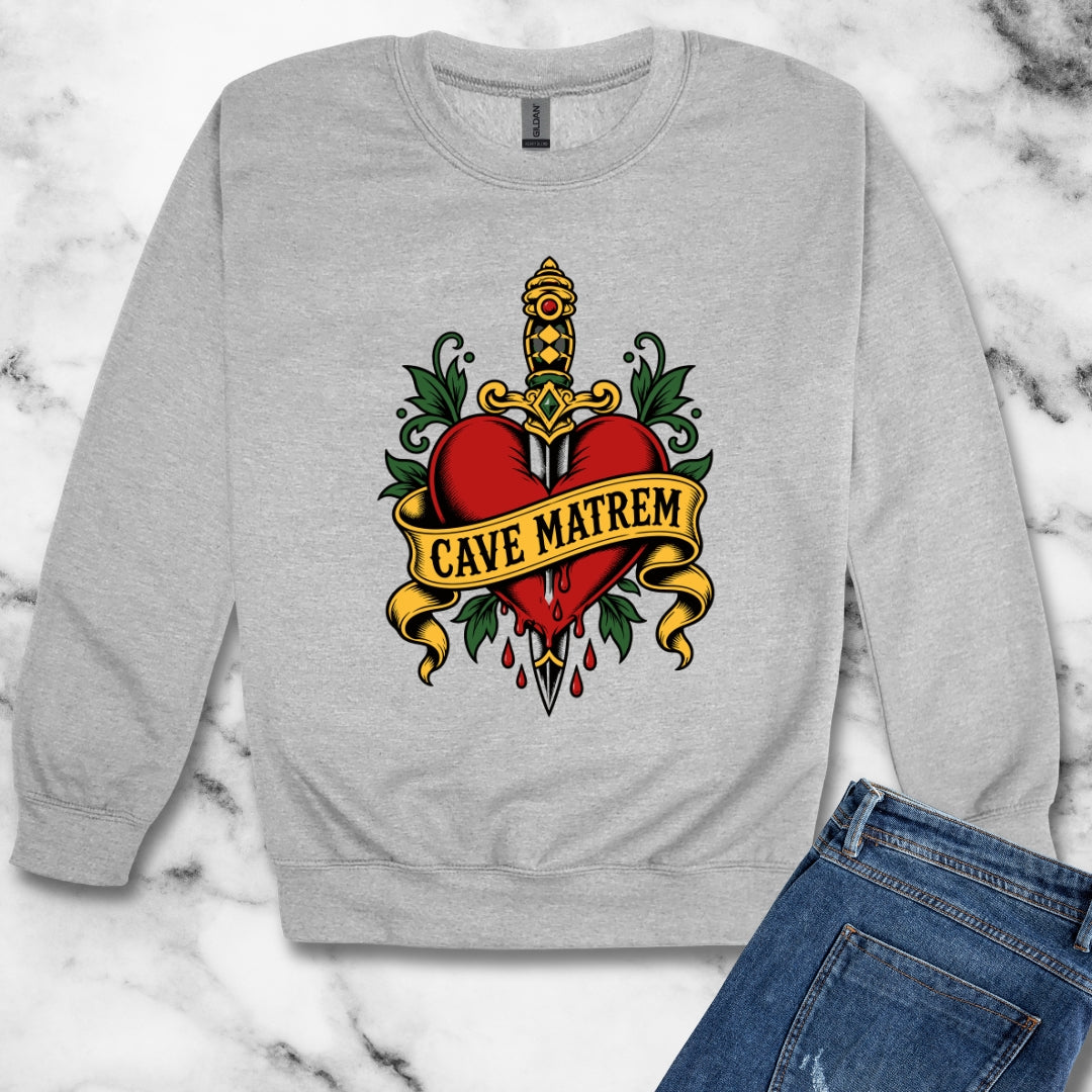 Cave Matrem Beware Mother Tattoo Style Unisex Heavy Crewneck Sweatshirt