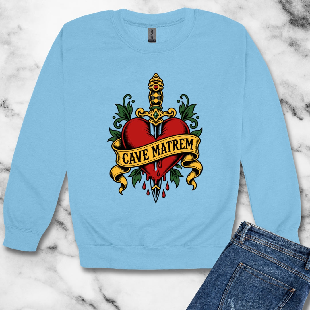 Cave Matrem Beware Mother Tattoo Style Unisex Heavy Crewneck Sweatshirt