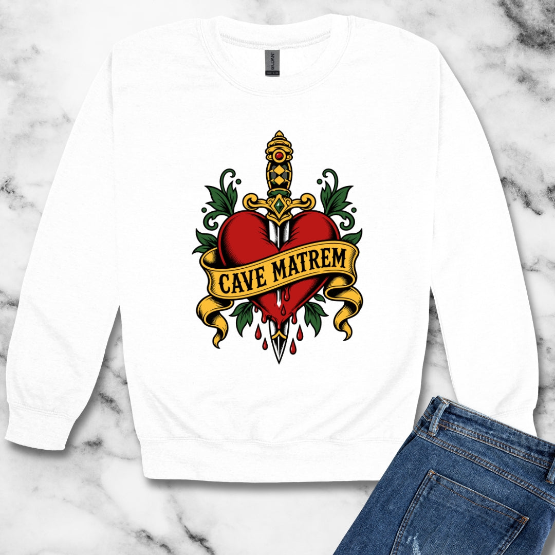 Cave Matrem Beware Mother Tattoo Style Unisex Heavy Crewneck Sweatshirt