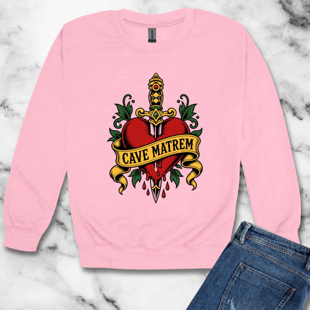 Cave Matrem Beware Mother Tattoo Style Unisex Heavy Crewneck Sweatshirt