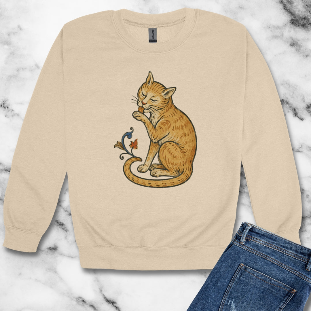 Medieval Marginalia Cat Licking Itself Unisex Heavy Crewneck Sweatshirt