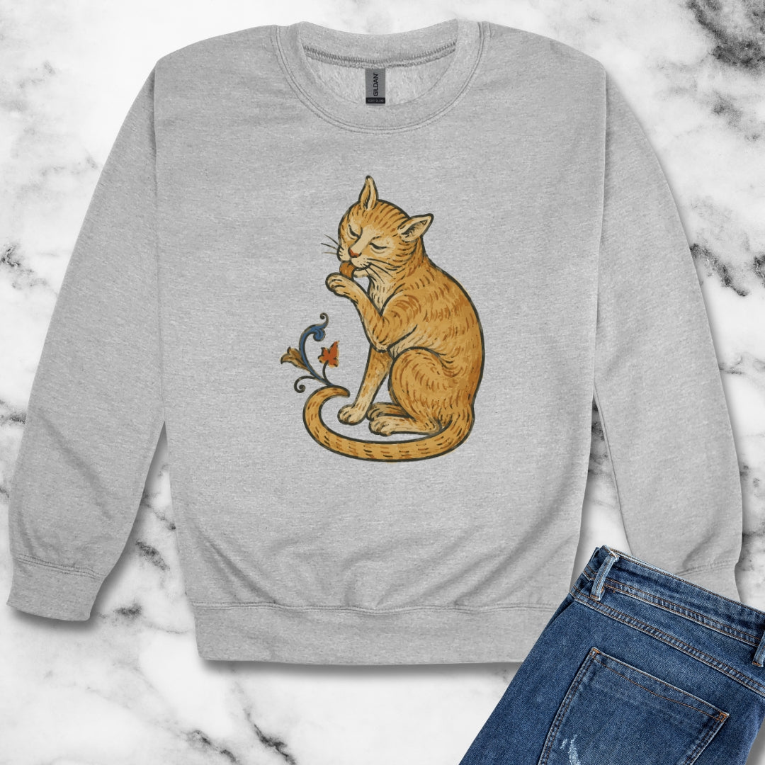 Medieval Marginalia Cat Licking Itself Unisex Heavy Crewneck Sweatshirt