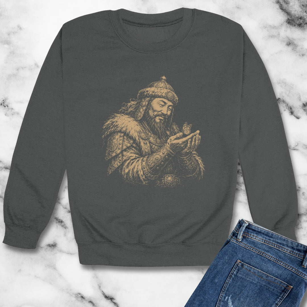 Genghis Khan Holding a Butterfly Unisex Heavy Crewneck Sweatshirt