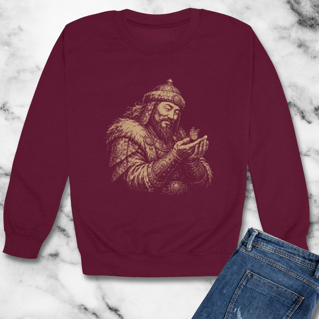 Genghis Khan Holding a Butterfly Unisex Heavy Crewneck Sweatshirt