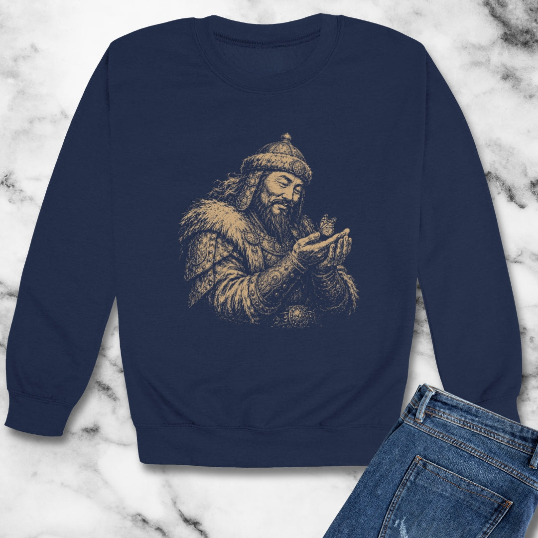 Genghis Khan Holding a Butterfly Unisex Heavy Crewneck Sweatshirt