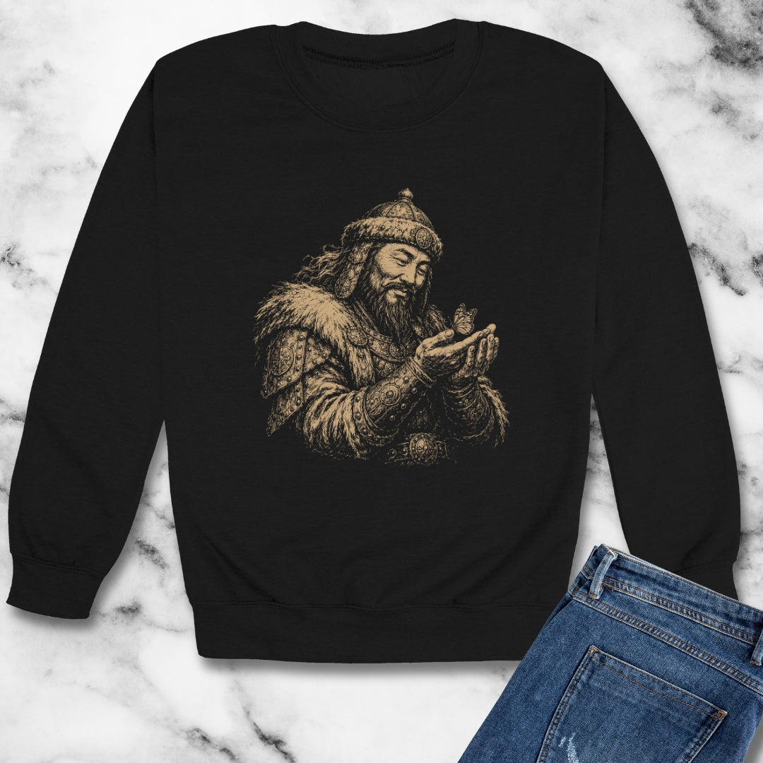 Genghis Khan Holding a Butterfly Unisex Heavy Crewneck Sweatshirt