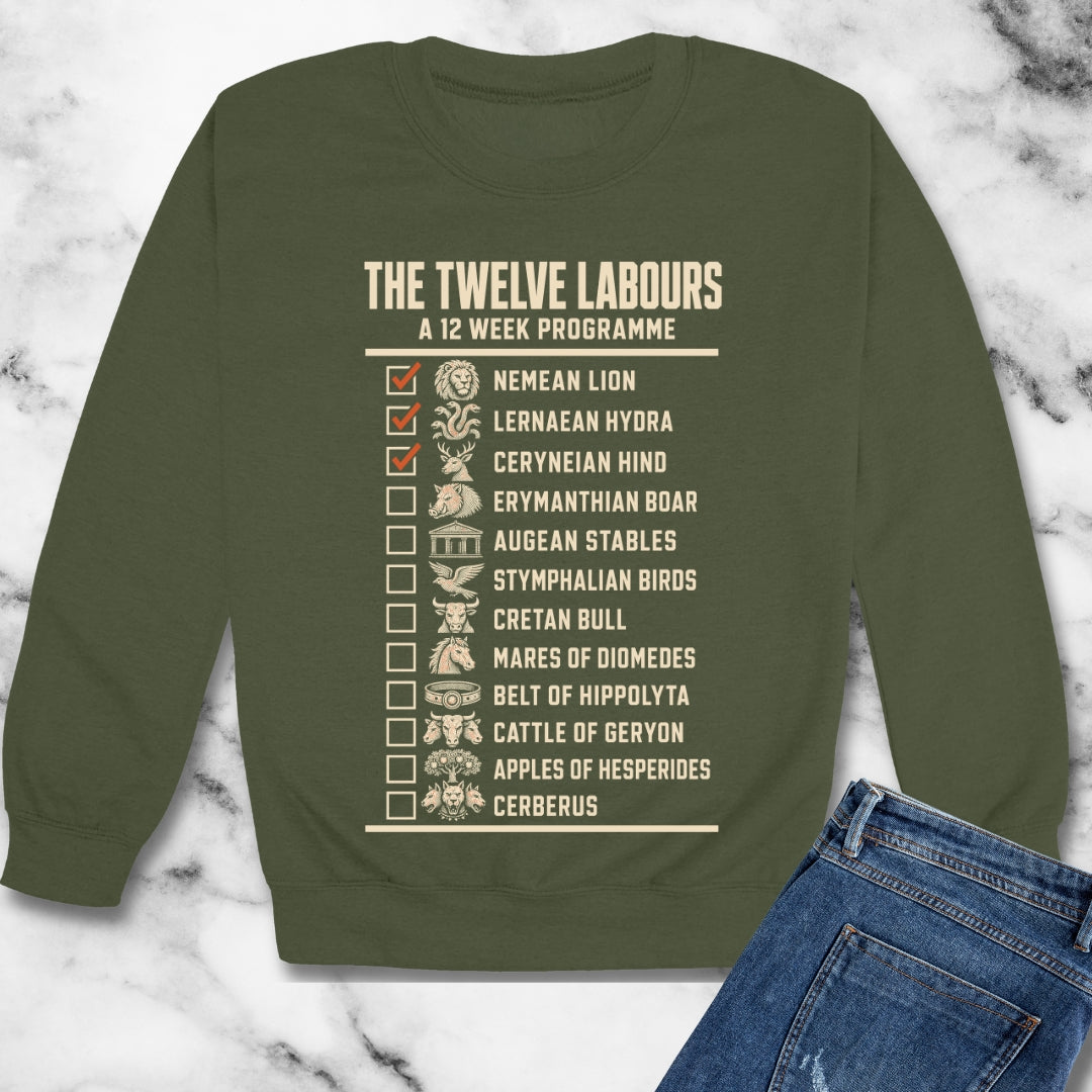 12 Labors Back Print Unisex Heavy Crewneck Sweatshirt