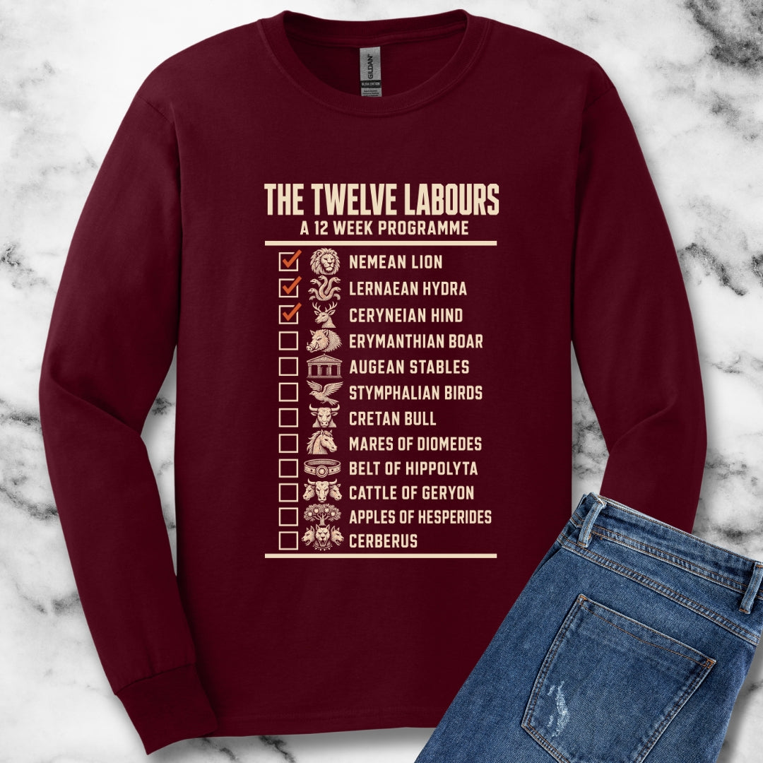 12 Labors Back Print Unisex Long Sleeve Tee