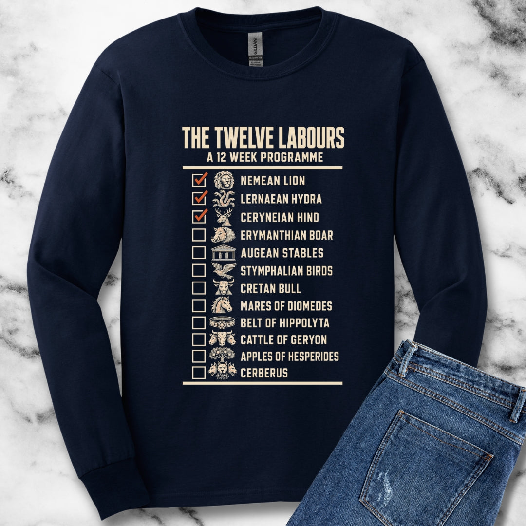 12 Labors Back Print Unisex Long Sleeve Tee