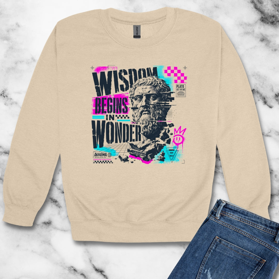 Plato Wisdom Begins in Wonder Unisex Heavy Crewneck Sweatshirt