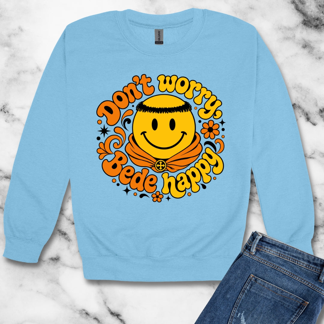70s Style Don't Worry Venerable Bede Happy Unisex Heavy Crewneck Sweatshirt