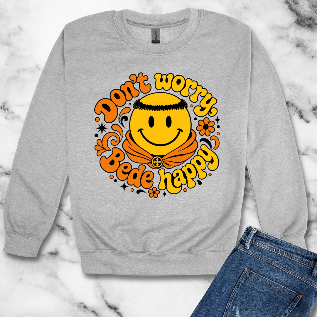 70s Style Don't Worry Venerable Bede Happy Unisex Heavy Crewneck Sweatshirt