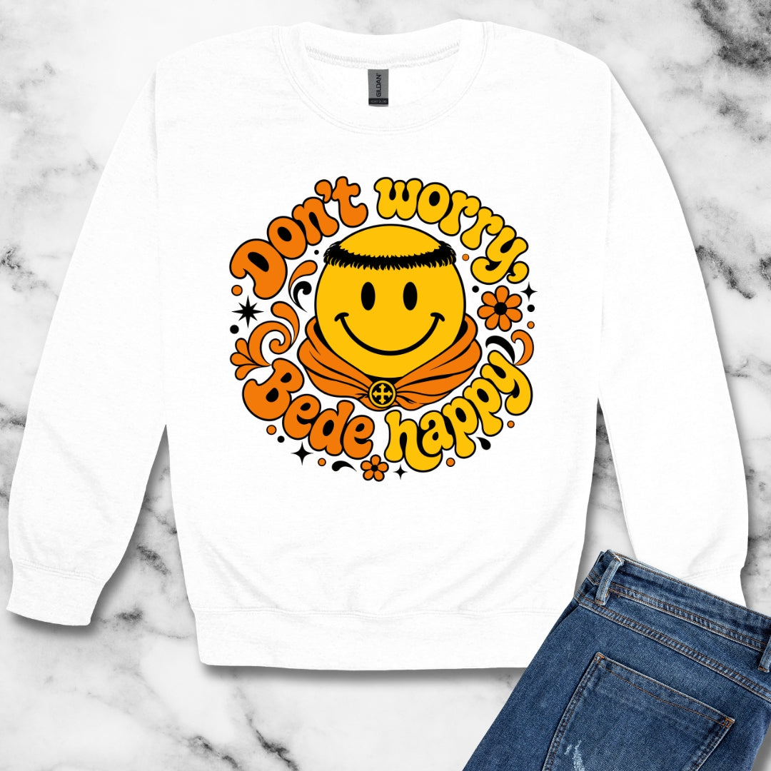 70s Style Don't Worry Venerable Bede Happy Unisex Heavy Crewneck Sweatshirt