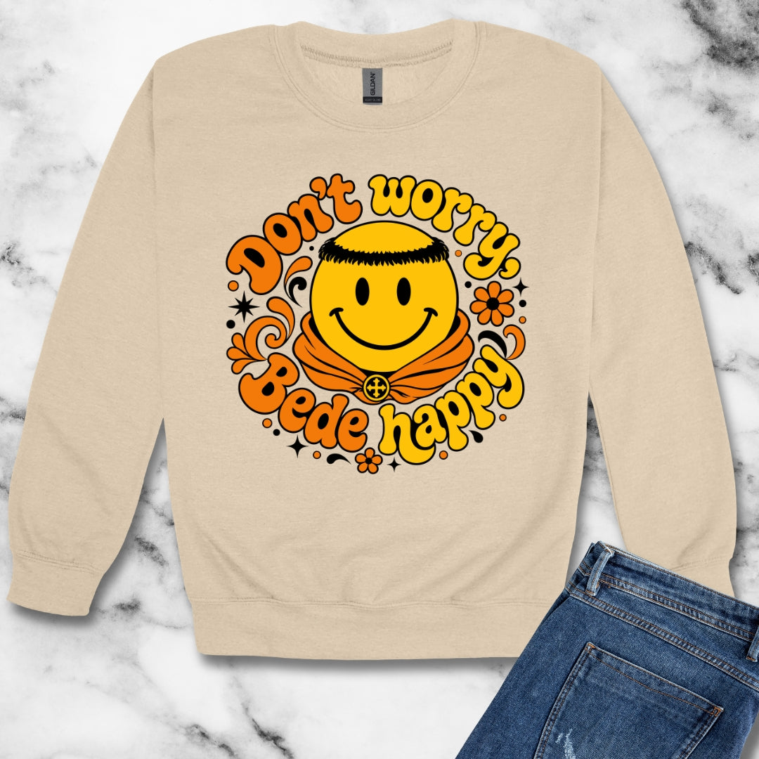 70s Style Don't Worry Venerable Bede Happy Unisex Heavy Crewneck Sweatshirt