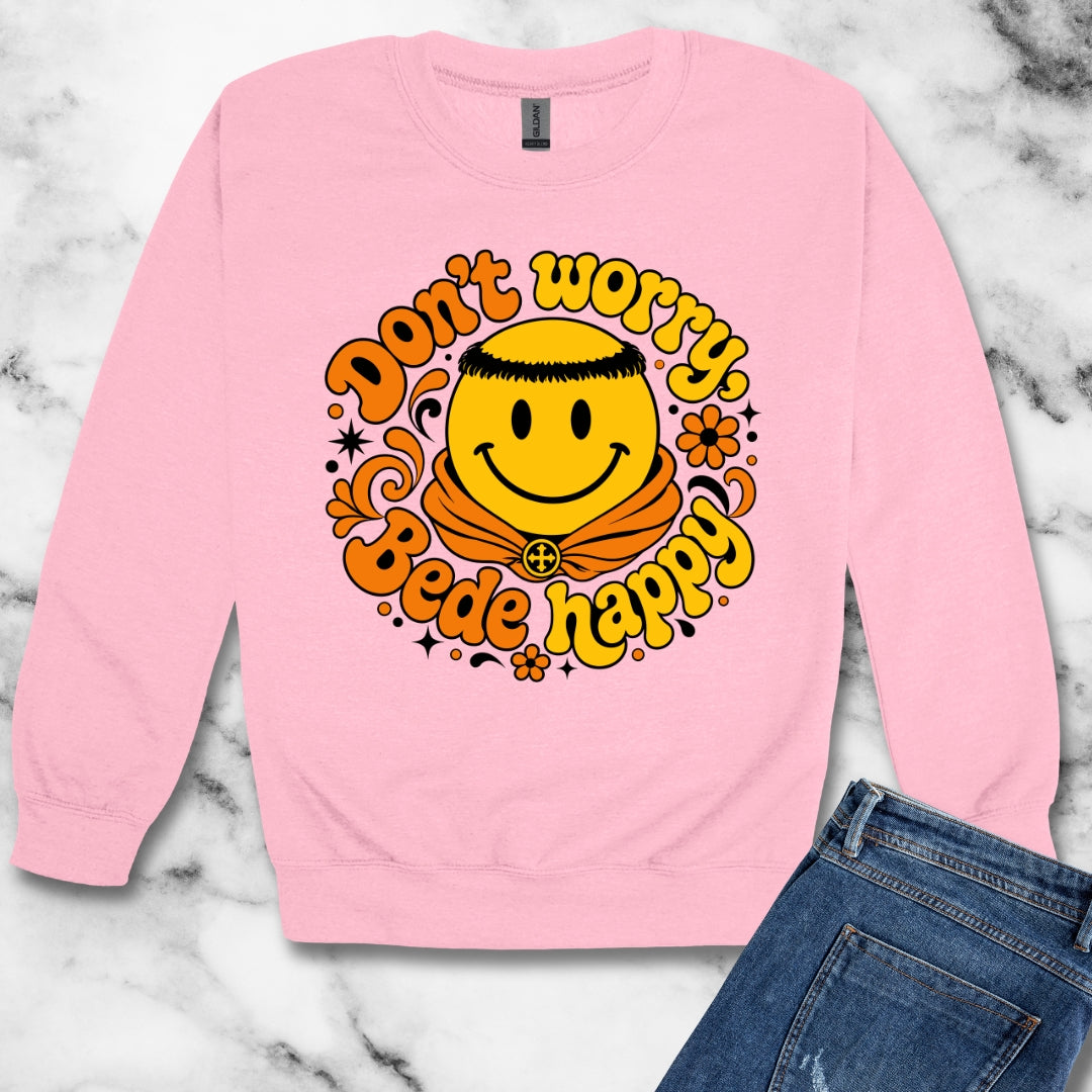 70s Style Don't Worry Venerable Bede Happy Unisex Heavy Crewneck Sweatshirt