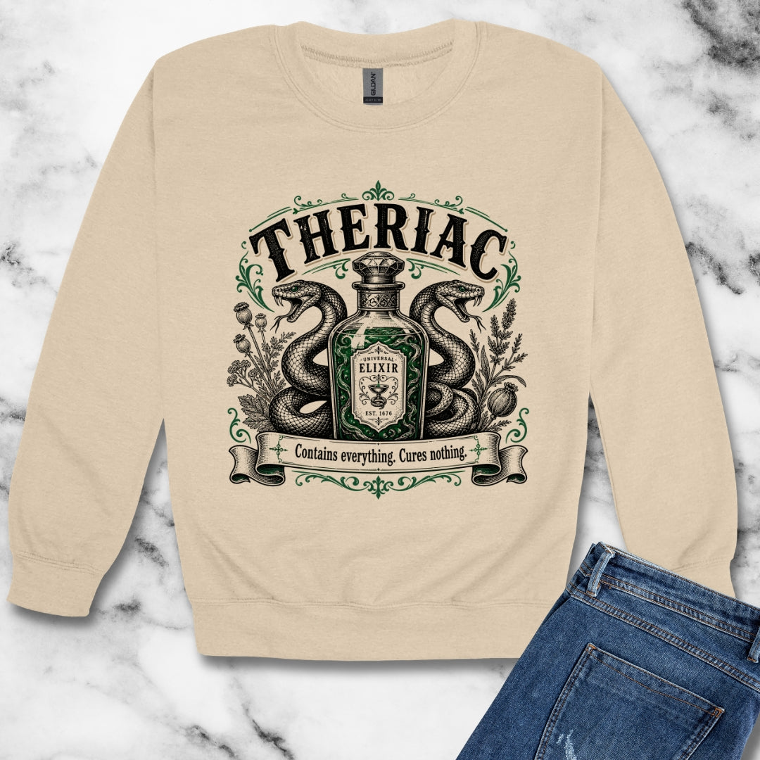 Theriac Contains Everything Cures Nothing Unisex Heavy Crewneck Sweatshirt