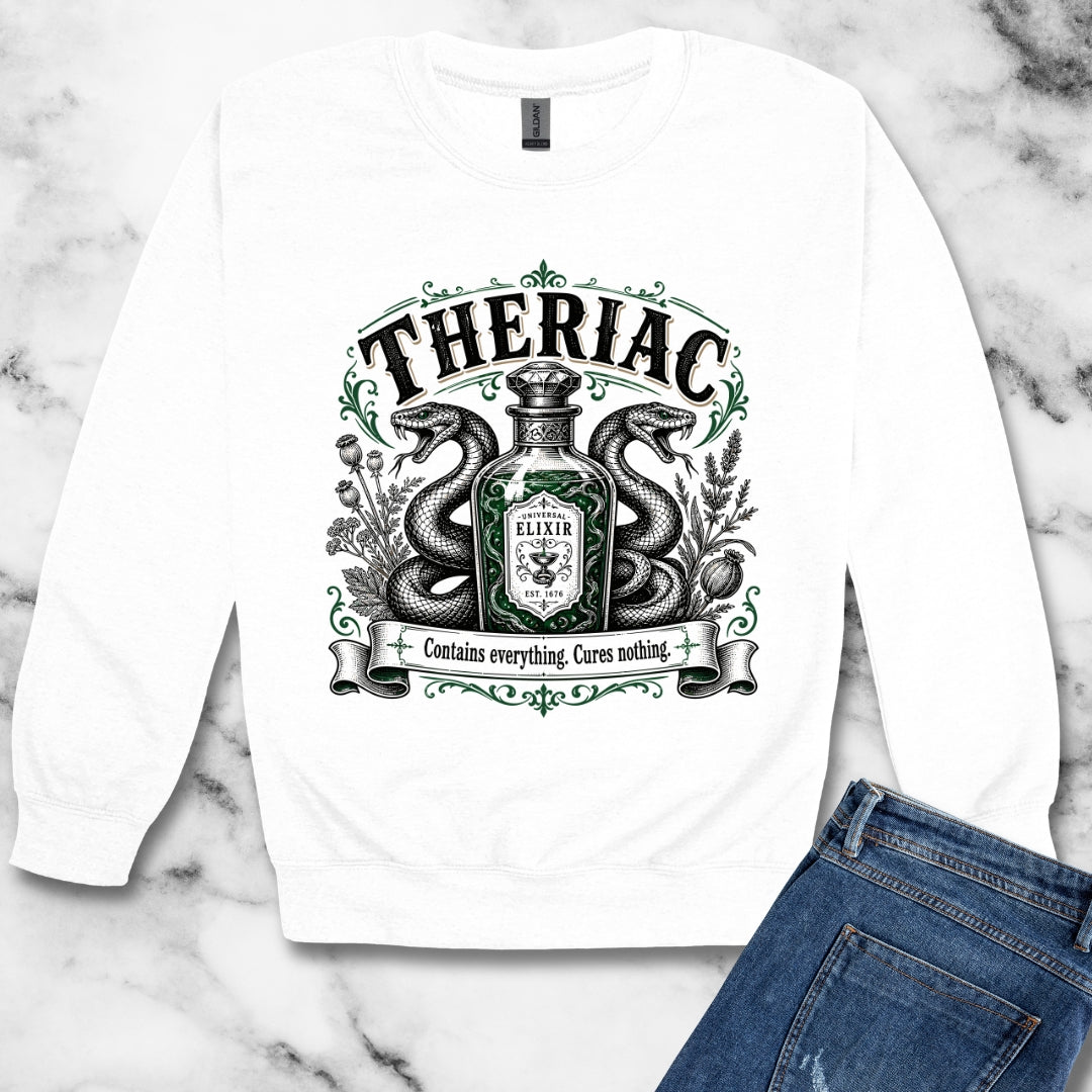 Theriac Contains Everything Cures Nothing Unisex Heavy Crewneck Sweatshirt