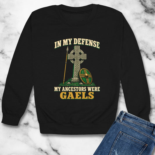In My Defense Ancestors Were Gaels w/Cross Unisex Heavy Crewneck Sweatshirt