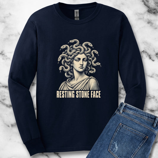 Medusa Resting Stone Face Monochrome Unisex Long Sleeve Tee