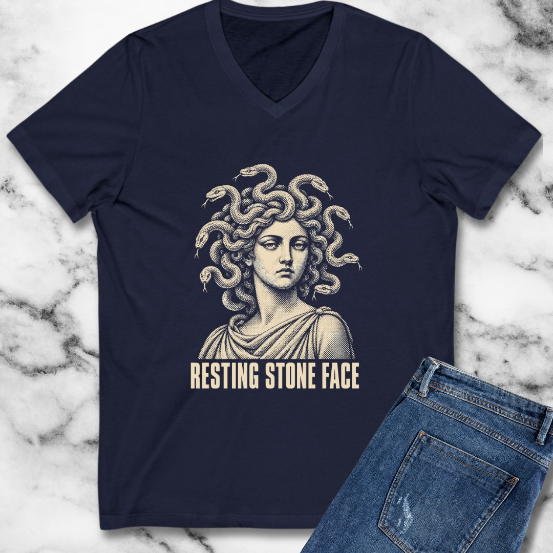 Medusa Resting Stone Face Monochrome V-Neck