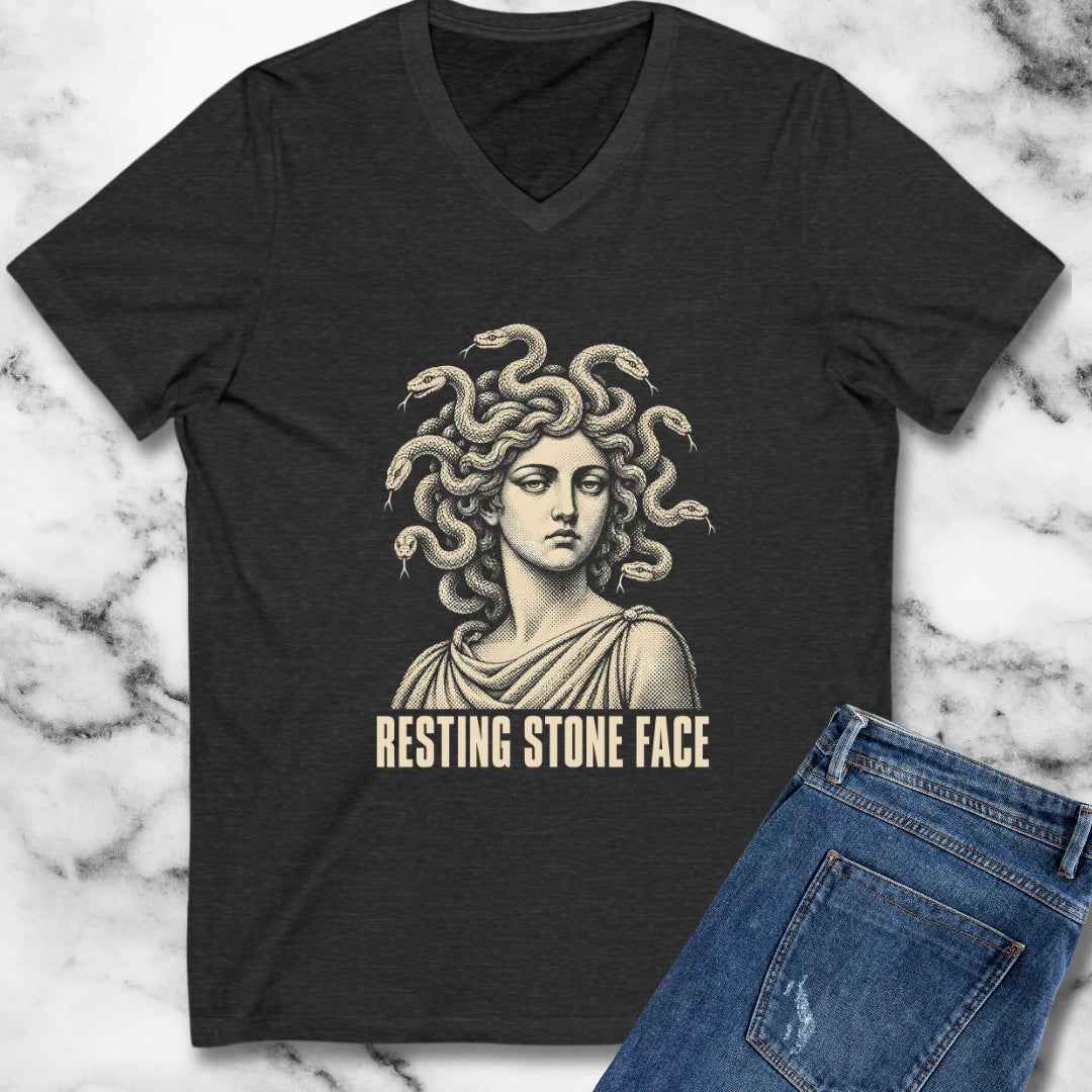 Medusa Resting Stone Face Monochrome V-Neck
