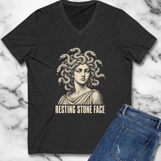 Medusa Resting Stone Face Monochrome V-Neck