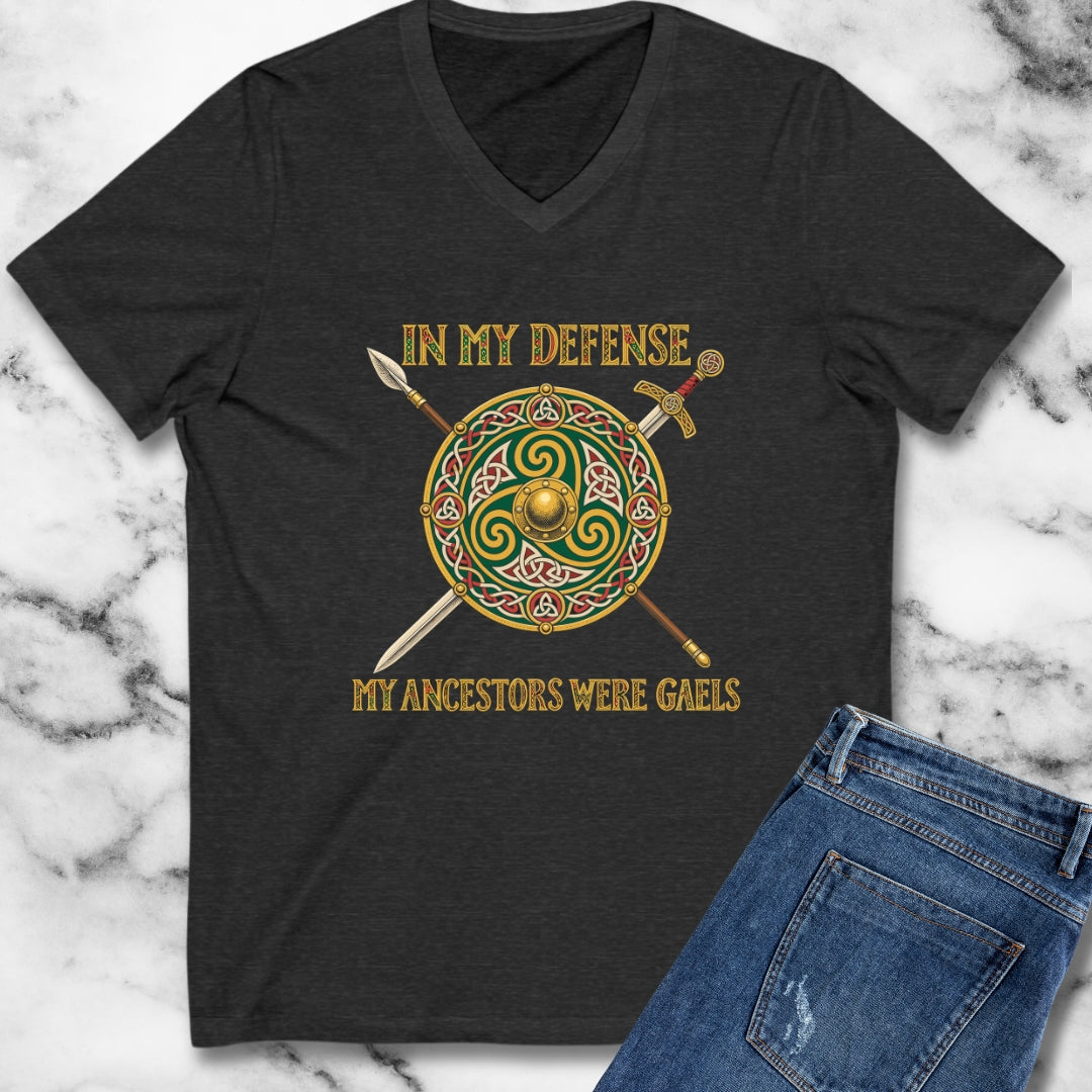 In My Defense Ancestors Were Gaels w/Shield V-Neck