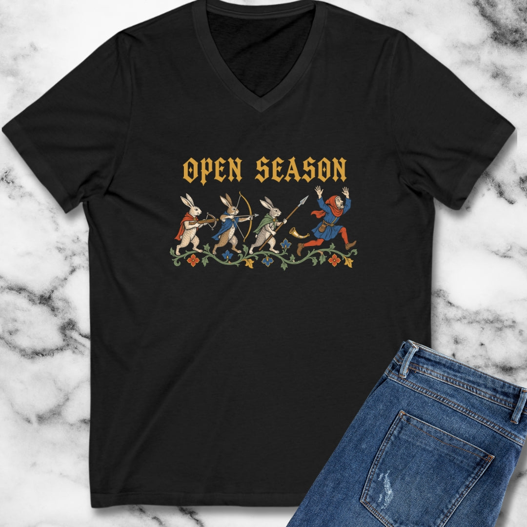Open Season Medieval Marginalia Rabbits V-Neck