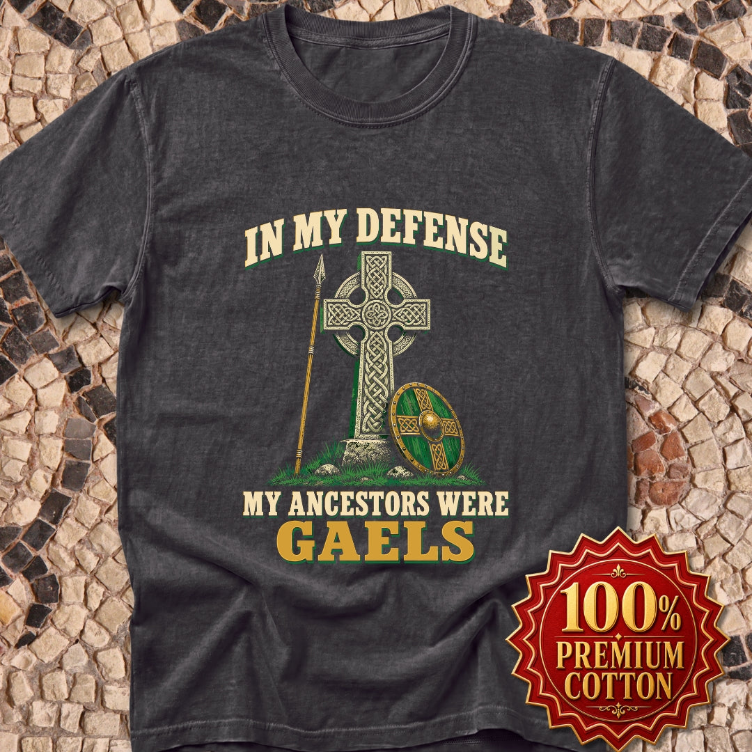 In My Defense Ancestors Were Gaels w/Cross Premium Tee