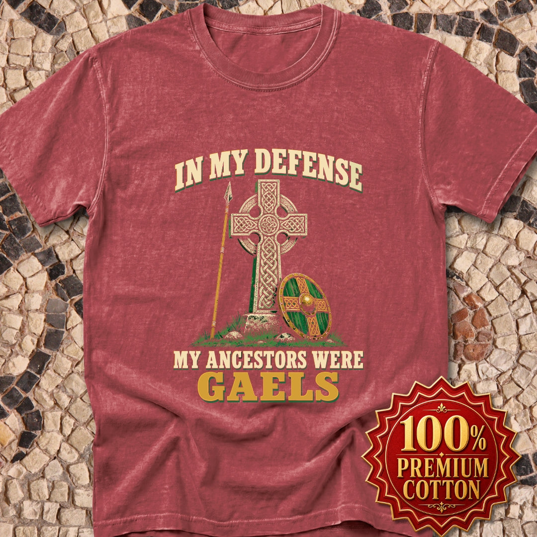 In My Defense Ancestors Were Gaels w/Cross Premium Tee