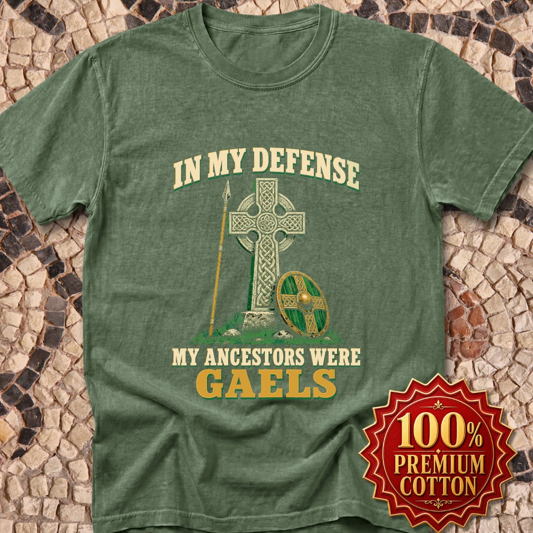 In My Defense Ancestors Were Gaels w/Cross Premium Tee