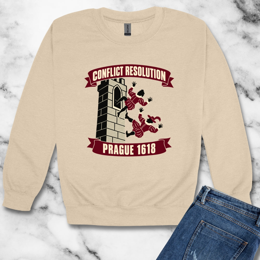 Prague Defenestration Conflict Resolution Poster Unisex Heavy Crewneck Sweatshirt
