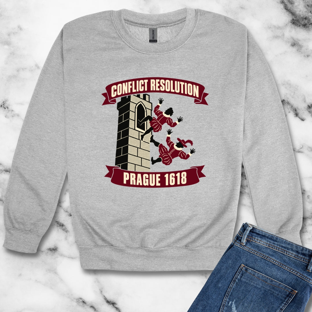 Prague Defenestration Conflict Resolution Poster Unisex Heavy Crewneck Sweatshirt