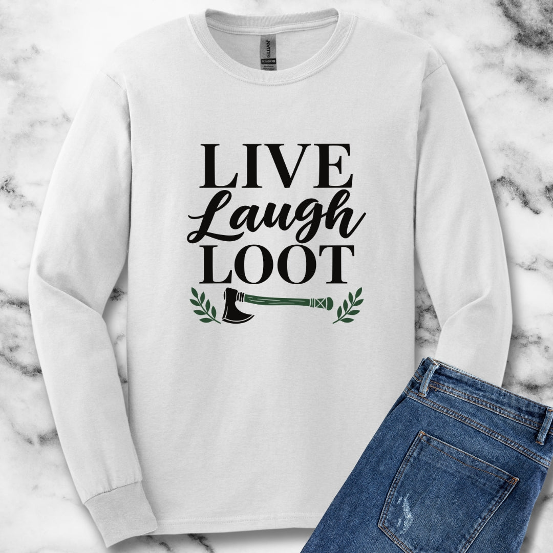 Live Laugh Loot Farmhouse Sign Unisex Long Sleeve Tee