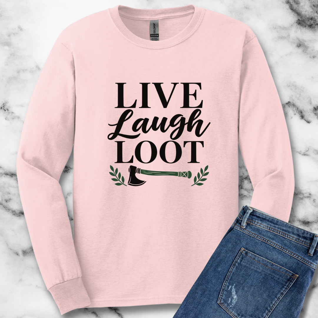 Live Laugh Loot Farmhouse Sign Unisex Long Sleeve Tee