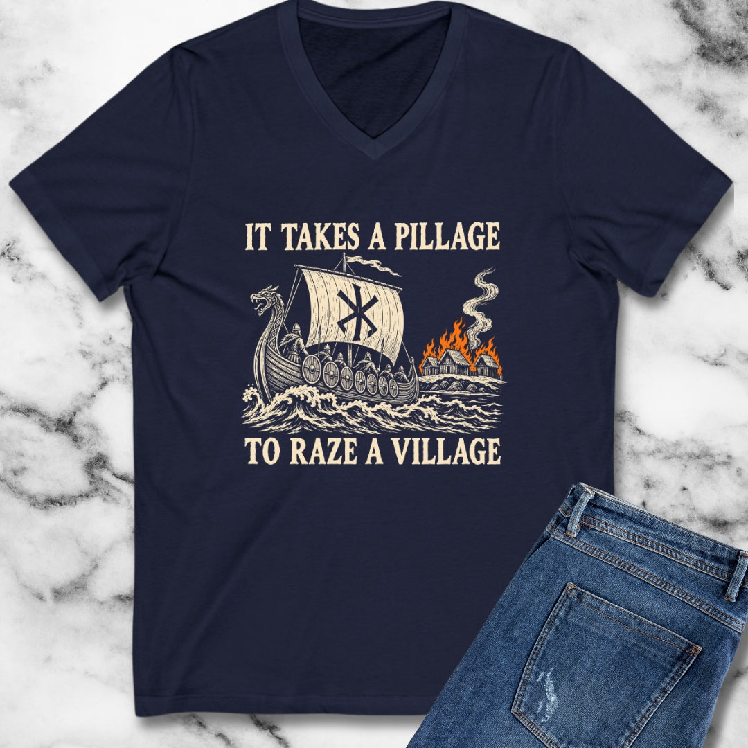 It Takes a Pillage to Raze a Village Woodcut V-Neck
