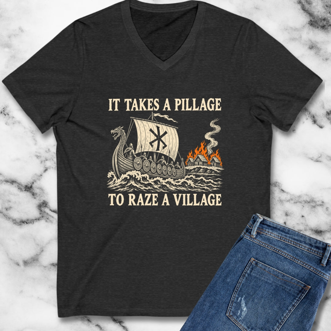 It Takes a Pillage to Raze a Village Woodcut V-Neck