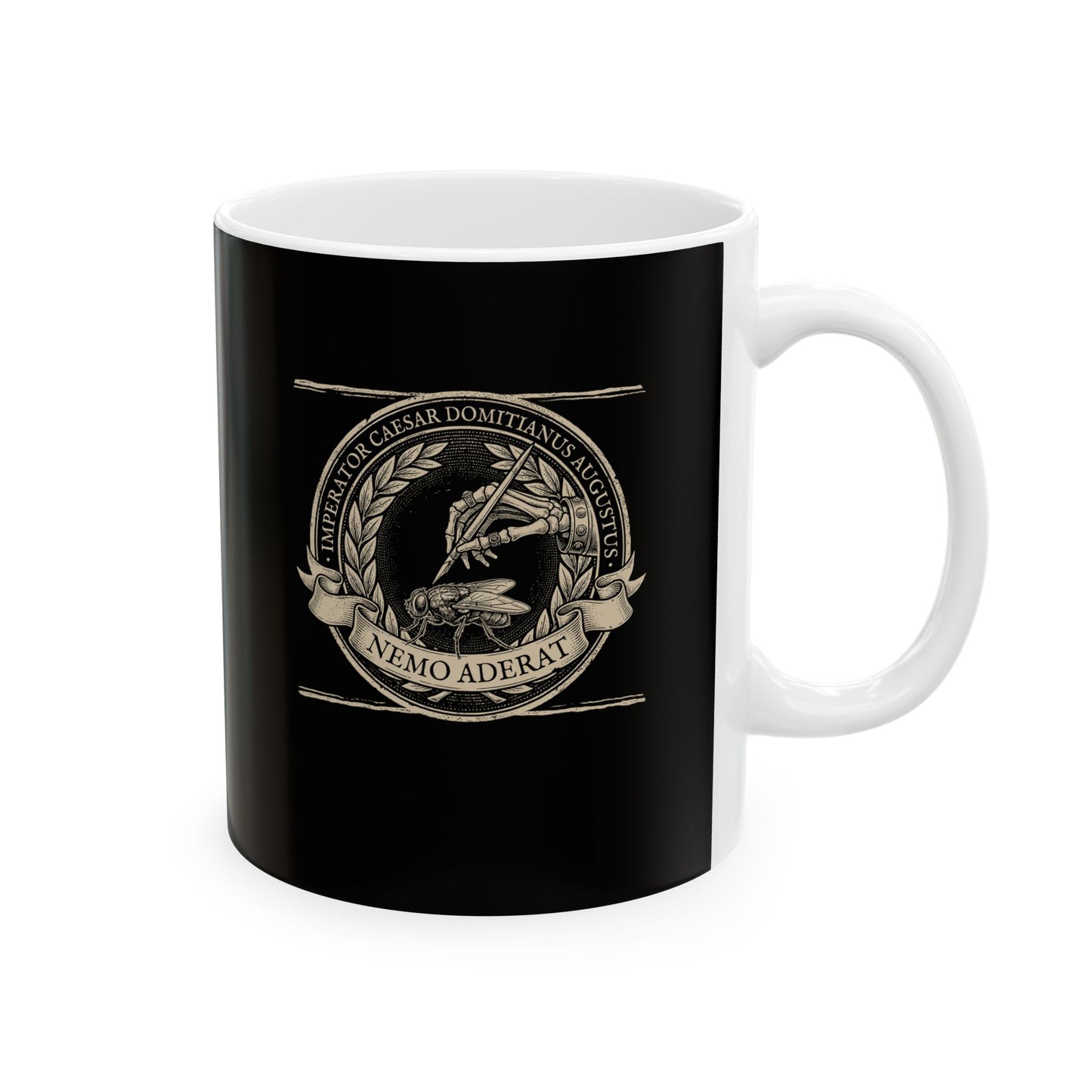 Emperor Domitian Fly Stylus Nobody Here in Latin Ceramic Mug, (11oz, 15oz)