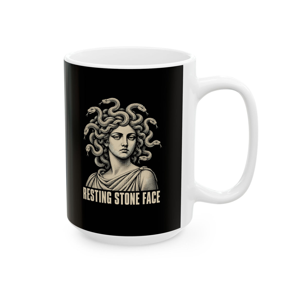 Medusa Resting Stone Face Monochrome Ceramic Mug, (11oz, 15oz)
