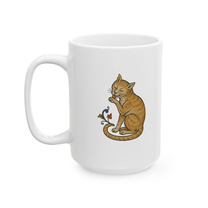 Medieval Marginalia Cat Licking Itself Ceramic Mug, (11oz, 15oz)