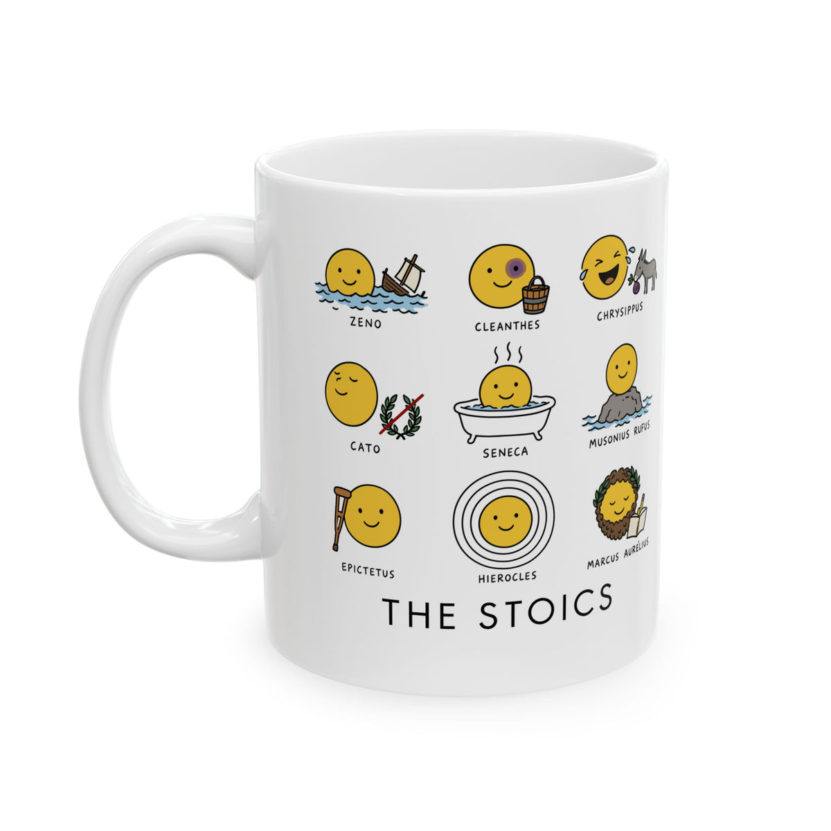 Stoic Smiley Philosophy Grid Ceramic Mug, (11oz, 15oz)